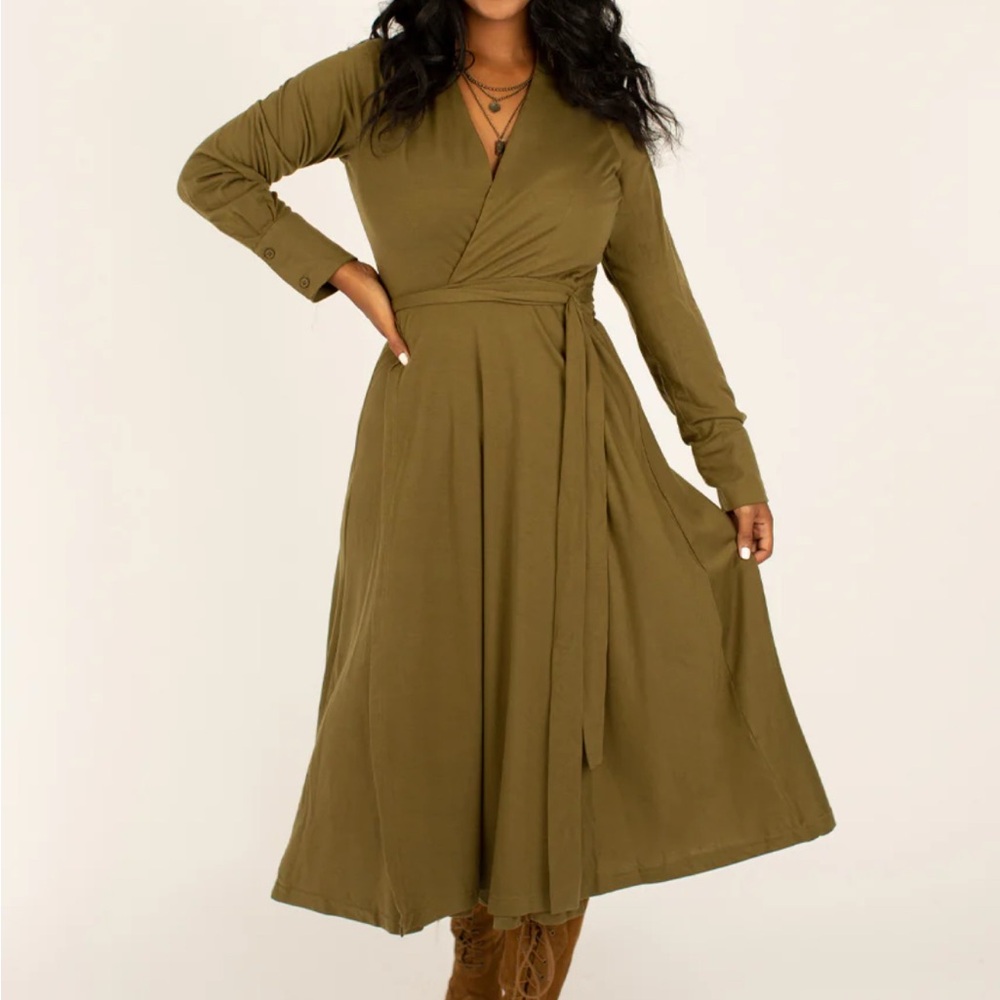 Joyfolie Olive Long Sleeve Wrap Dress